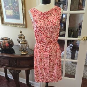 LOFT Red White Print Dress Sleeveless Stretch TieBelt Ruched Left Shoulder M EUC